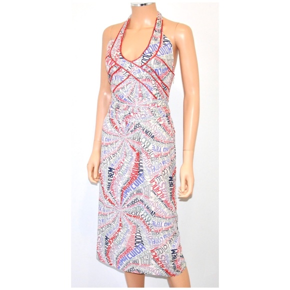 ISABELA CAPETO Portuguese Word Print Beaded Halter Dress - Sz M - Picture 4 of 11
